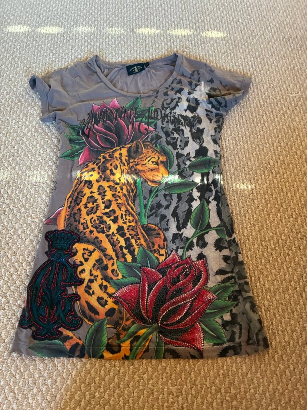 VTG Y2K Christian Audigier T-Shirt Dress - Cheetah Logo Rhinestones Small